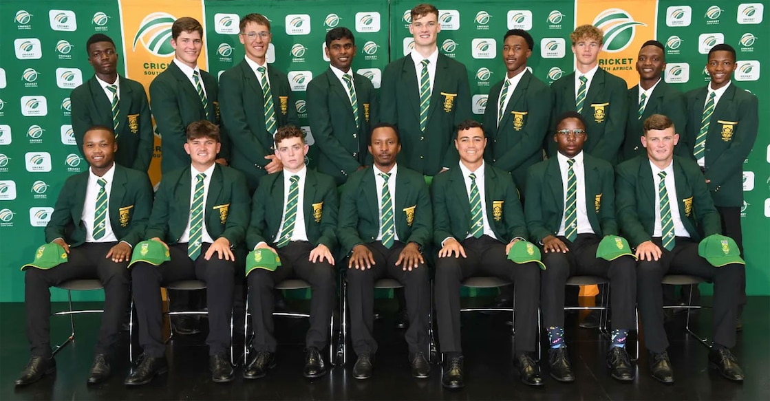 The South Africa U-19 men's cricket team members with David Teeger (front row, third from left). Photo: X/@ProteasMenCSA