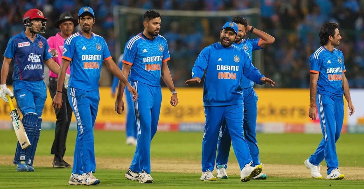 Team India Rohit Sharma, third right, reacts after winning the match against Afghanistan. Photo: PTI//Shailendra Bhojak