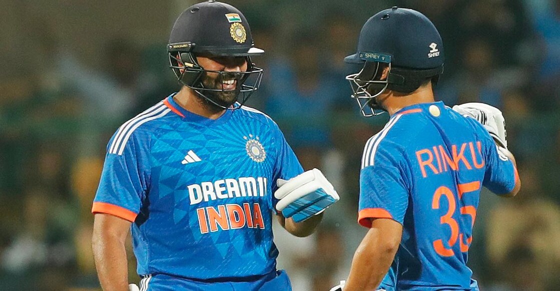 Rohit and Rinku added 190 off just 100 balls for the unbroken fifth wicket. Photo: X@ImRo45