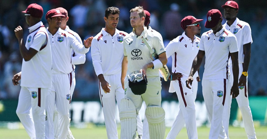 Australian batter Steve Smith with West Indian players at the end of the Test. Photo: AFP/Izhar Khan