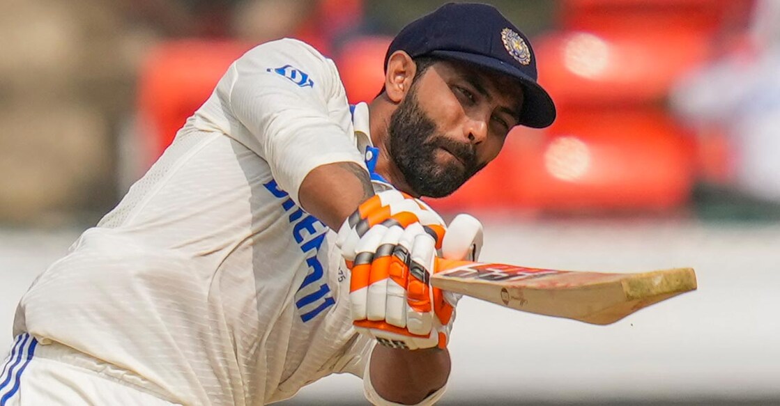 Ravindra Jadeja plays a shot. Photo: PTI/Shailendra Bhojak