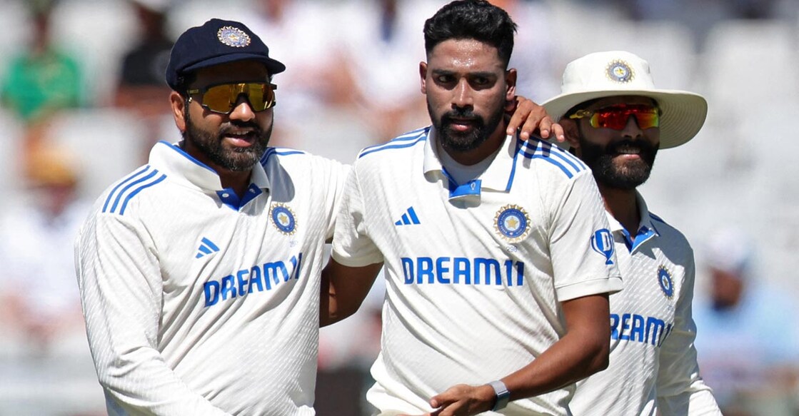 Mohammed Siraj, second left, wrecked South Africa in the first innings. Photo: Reuters/Esa Alexander
