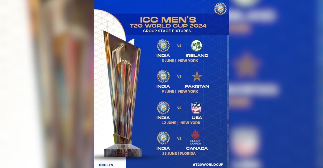 t20-india-schedule Team India's group stage fixtures for the upcoming Men's T20 World Cup 2024. Photo: X/@BCCI