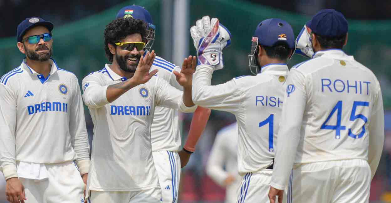 India's bowler Ravindra Jadeja celebrates the wicket of Bangladesh's batter Shakib Al Hasan during the fifth day of the 2nd Test cricket match between India and Bangladesh, at the Green Park stadium, Kanpur, Tuesday, Oct. 1, 2024. Photo: PTI