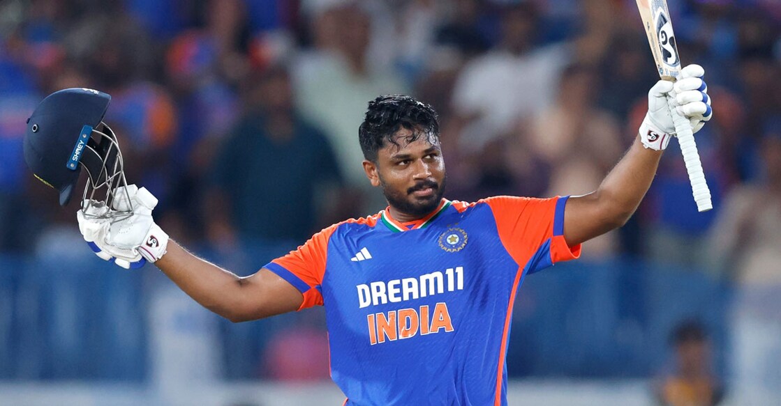 Sanju Samson celebrates his maiden T20I century. Photo: X/@BCCI