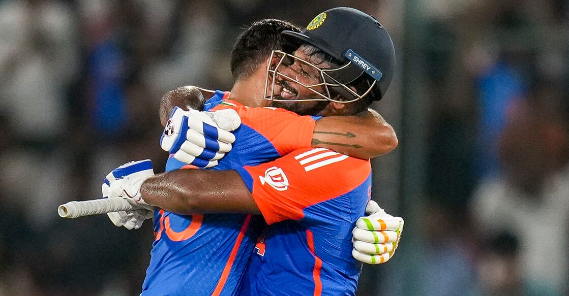 Hyderabad: India's Sanju Samson celebrates his century with captain Suryakumar Yadav during the third and final T20 International cricket match between India and Bangladesh at Rajiv Gandhi International Cricket Stadium, in Hyderabad, Saturday, Oct. 12, 2024. (PTI Photo/Shailendra Bhojak) (PTI10_12_2024_000324A)