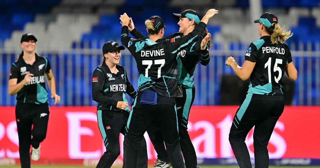 New Zealand's players celebrate after the dismissal of West Indies' captain Hayley Matthews during the ICC Women's T20 World Cup cricket semi-final match between New Zealand and West Indies at the Sharjah Cricket Stadium in Sharjah on October 18, 2024. (Photo by Giuseppe CACACE / AFP)