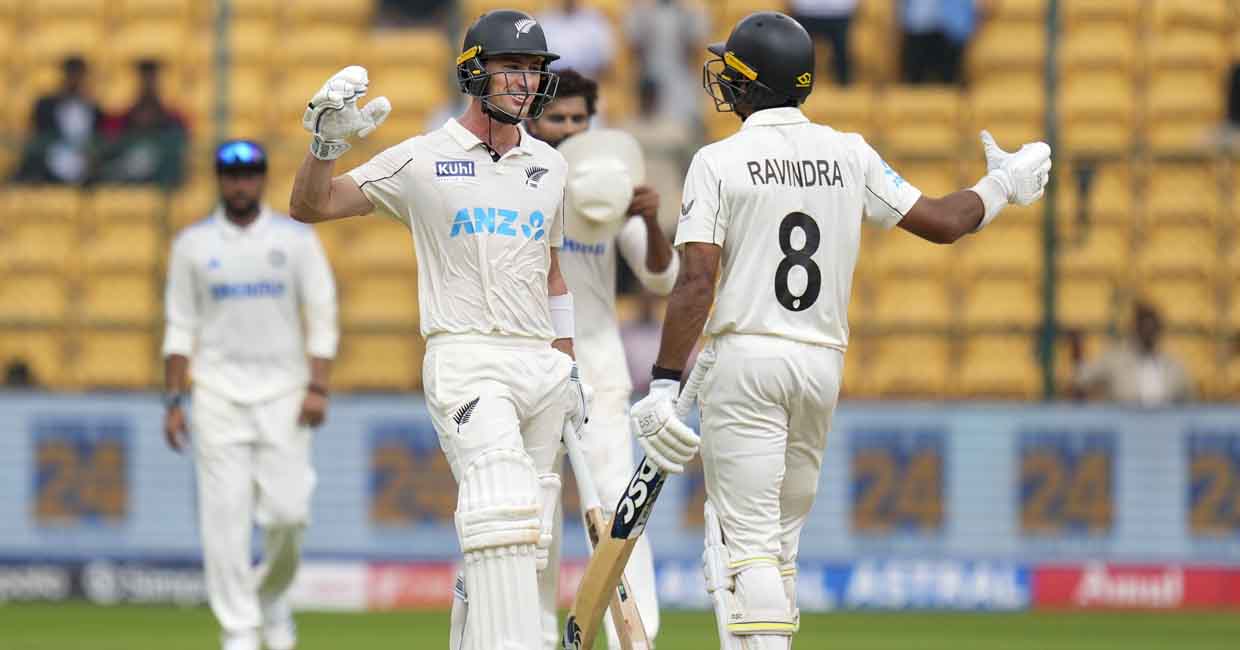 Bengaluru: New Zealand's Rachin Ravindra and Will Young celebrate after winning the first test cricket match between India and New Zealand at M Chinnaswamy Stadium, in Bengaluru, Sunday, Oct 20, 2024. Photo: PTI/Shailendra Bhojak.