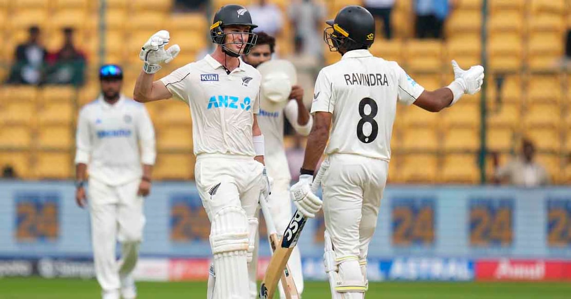 Bengaluru: New Zealand's Rachin Ravindra and Will Young celebrate after winning the first test cricket match between India and New Zealand at M Chinnaswamy Stadium, in Bengaluru, Sunday, Oct 20, 2024. Photo: PTI/Shailendra Bhojak.