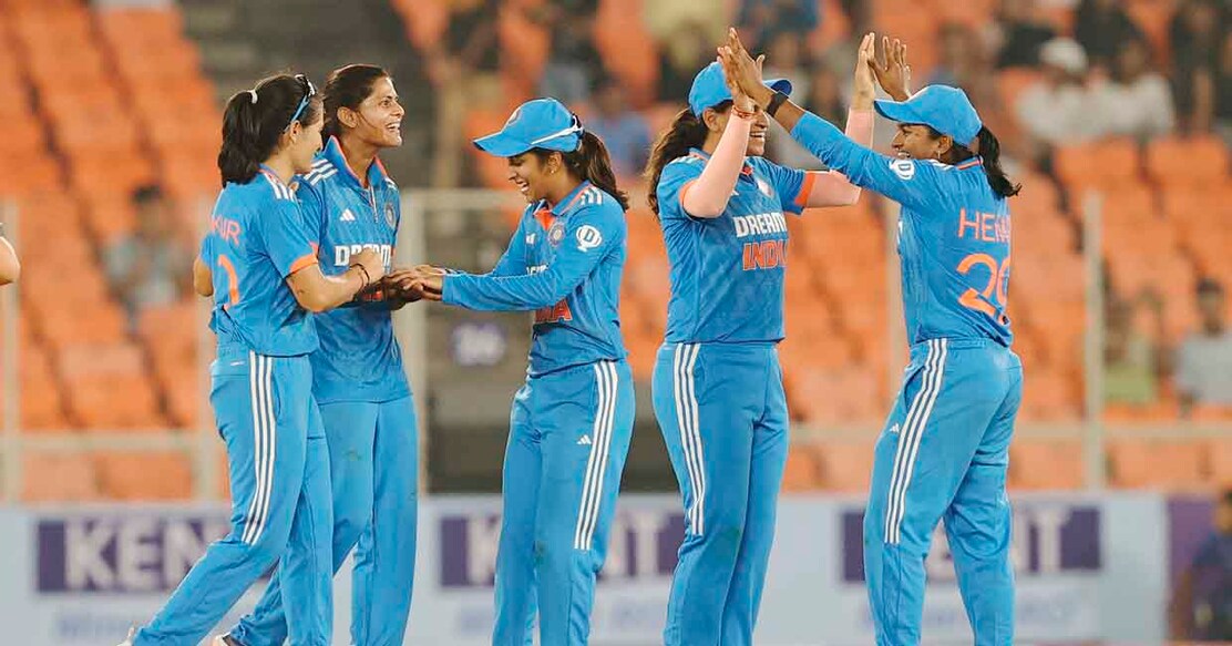India players celebrate the fall of a New Zealand wicket in the first ODI in Ahmedabad on Thursday. Photo: X/@BCCIWomen