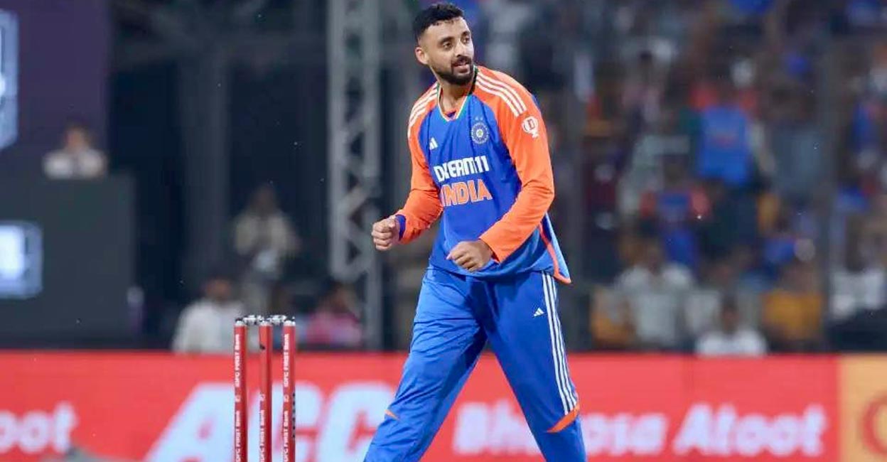 Varun Chakaravarthy celebrates one of his three wickets. Photo: X@BCCI