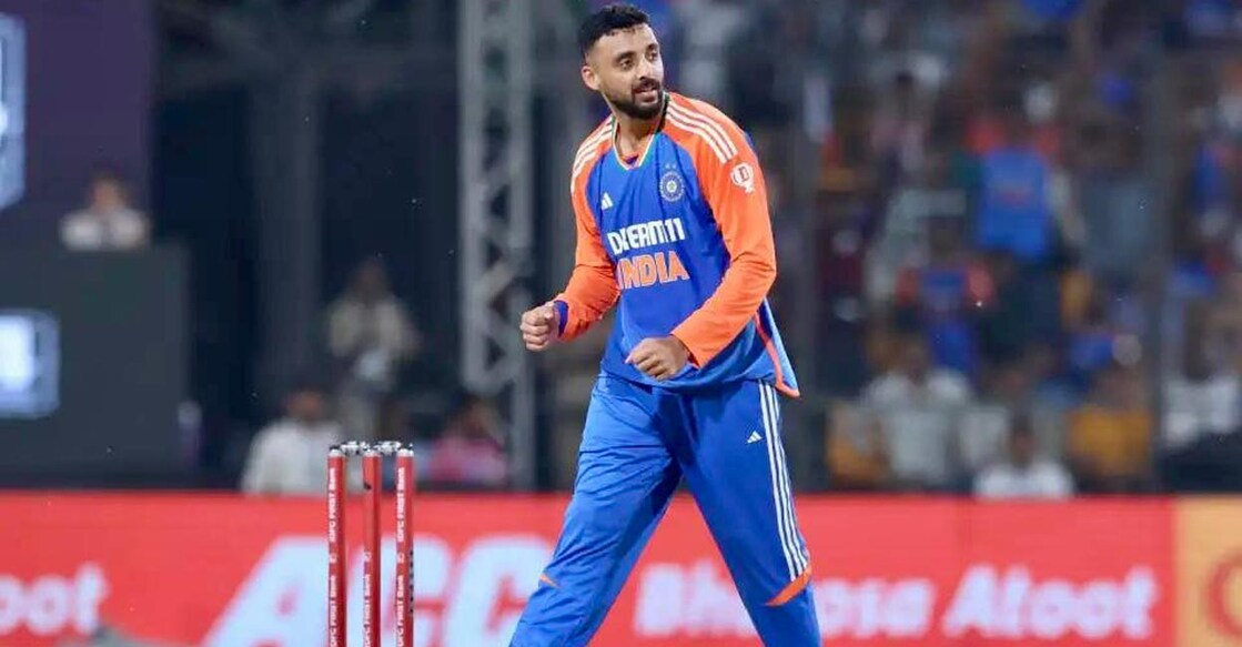Varun Chakaravarthy Varun Chakaravarthy celebrates one of his three wickets. Photo: X@BCCI