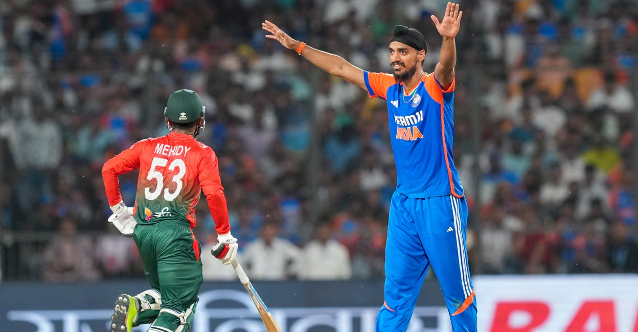 Arshdeep Singh reacts during the series opener against Bangladesh. File photo: PTI/Arun Sharma 