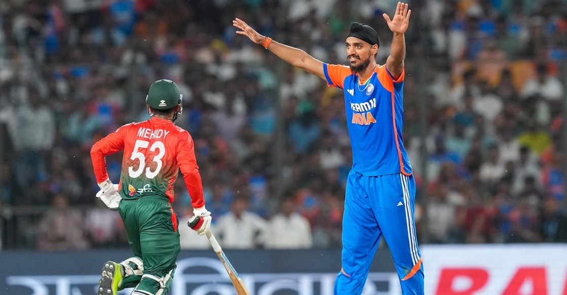 Arshdeep Singh reacts during the series opener against Bangladesh. File photo: PTI/Arun Sharma 
