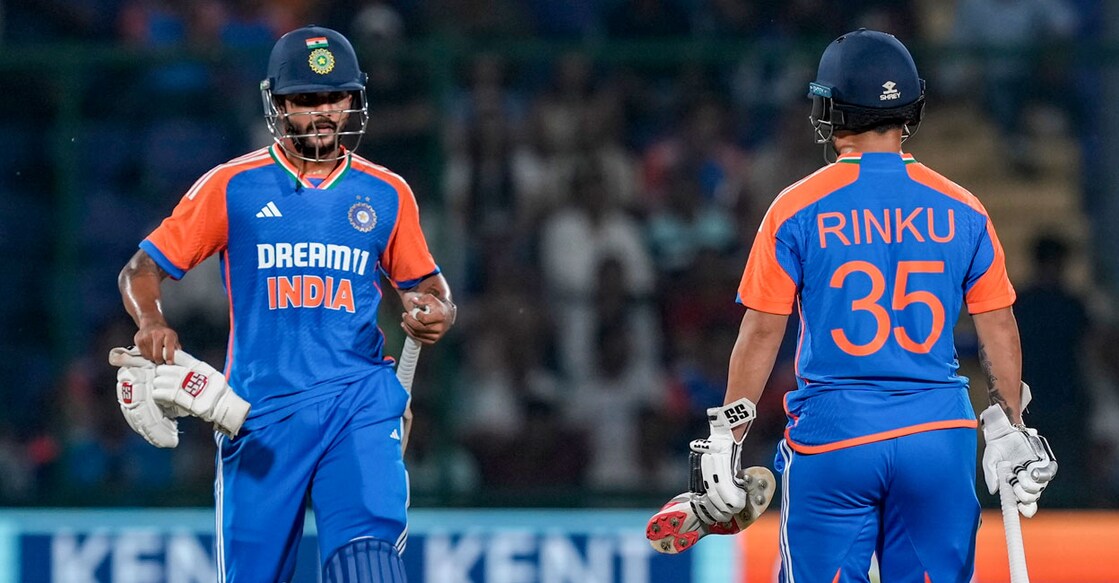 India's Rinku Singh and Nitish Kumar Reddy during the second T20I against Bangladesh at the Arun Jaitley Stadium in New Delhi on Wednesday. Photo: PTI