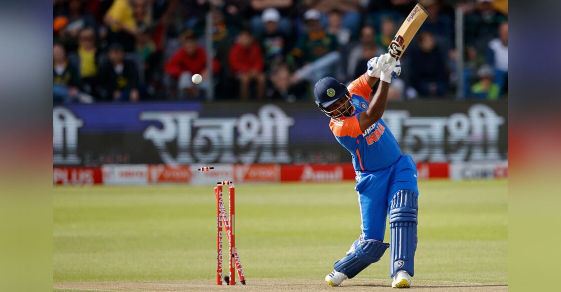 India's Sanju Samson is bowled by South Africa's Marco Jansen during the second T20I at St George's Park in Gqeberha on November 10, 2024. Photo: AFP/ Phill Magakoe