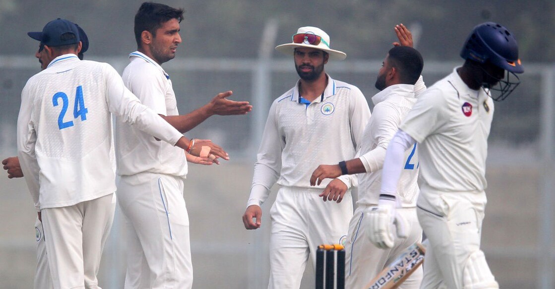 Haryana pacer Anshul Kamboj celebrates a wicket against Kerala. Photo: X/@JayShah
