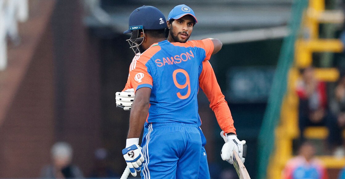 India's Tilak Varma and Sanju Samson during the fourth T20I against South Africa at Wanderers stadium in Johannesburg on November 15, 2024. Photo: AFP/ Phill Magakoe