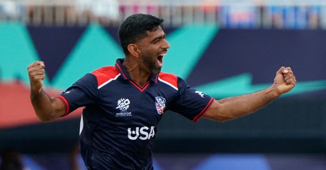 USA's Saurabh Netravalkar celebrates dismissing India's Virat Kohli during the ICC men's T20 World Cup Group-A match at Nassau County International Cricket Stadium in East Meadow, New York on June 12, 2024. Photo: AFP/ Timothy A Clary