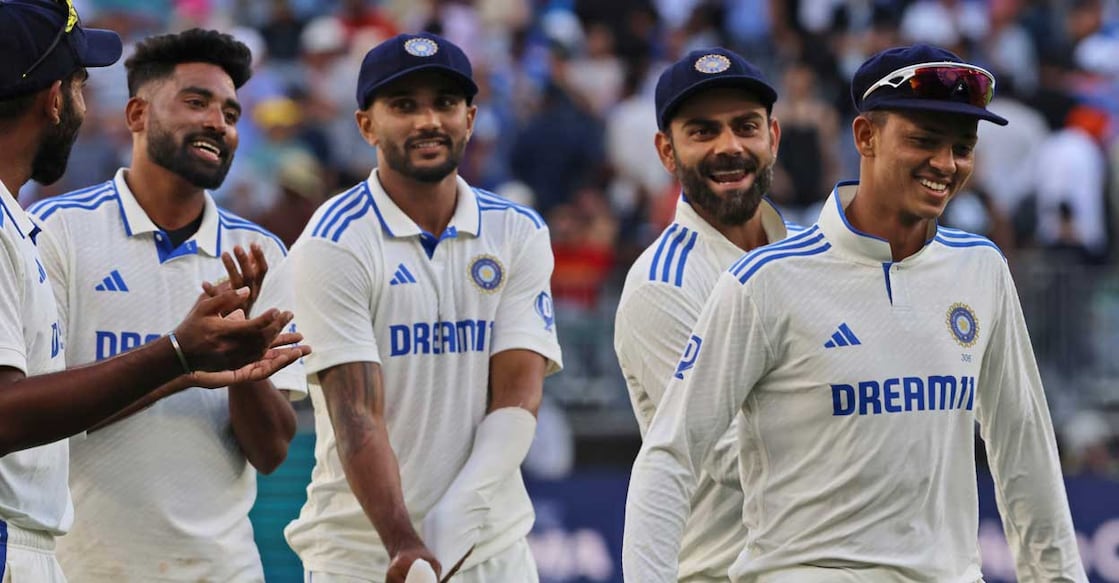Yashasvi Jaiswal (right) with his Indian teammates during the first Test in Perth. File photo: AP via PTI
