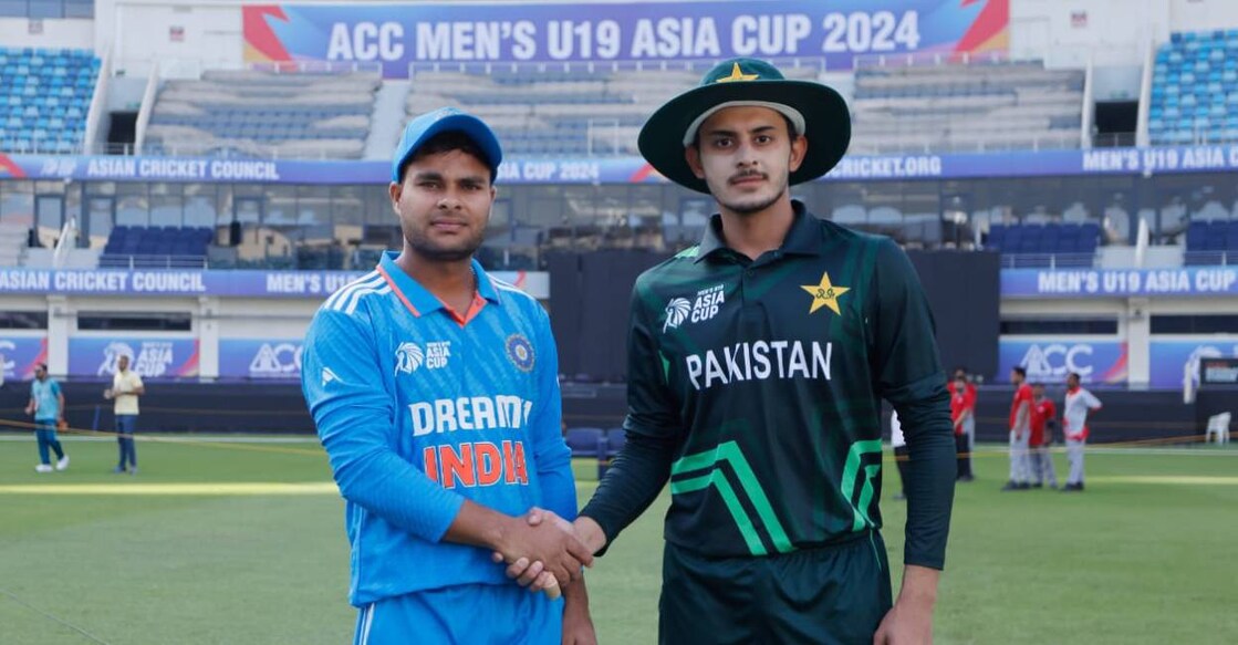 Mohammed Amaan and Saad Baig, captains of India and Pakistan respectively during the toss. Photo: X/@TheRealPCB