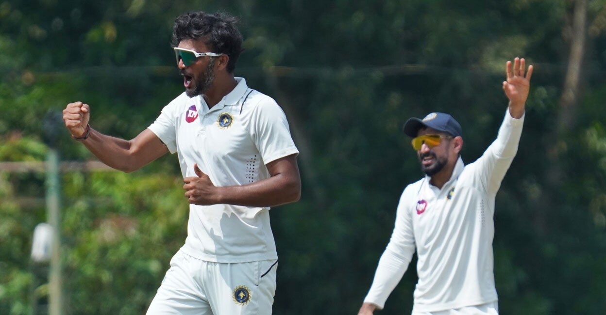 Jalaj Saxena celebrates a wicket for Kerala against UP in a Ranji Trophy Group C match at Thumba on Wednesday. Photo: Special arrangement
