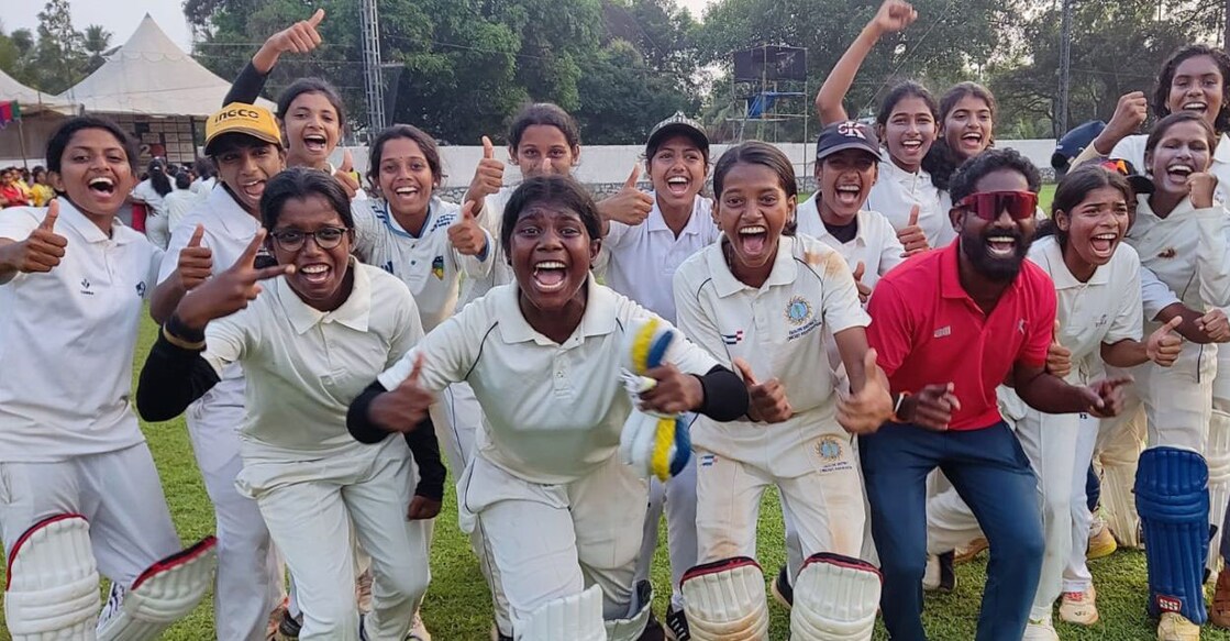 Kollam team led by Nimmymol B K (centre) celebrate their triumph in U-19 girls cricket at Kerala School Games at the Palace Oval in Tripunithura. Photo: Onmanorama