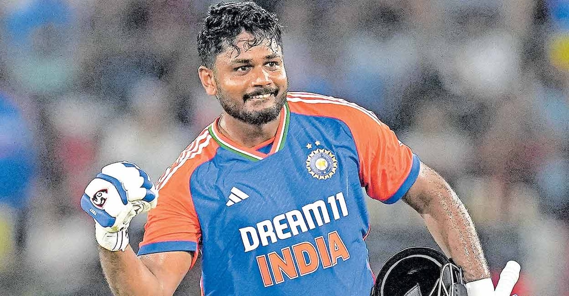 Sanju Samson celebrates his century for India against South Africa.