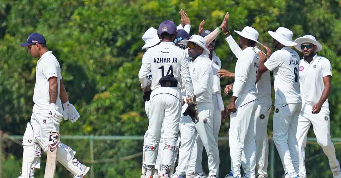Kerala players celebrate a wicket of Uttar Pradesh on the final day of their Ranji Trophy match at Thumba on Saturday. Photo: KCA