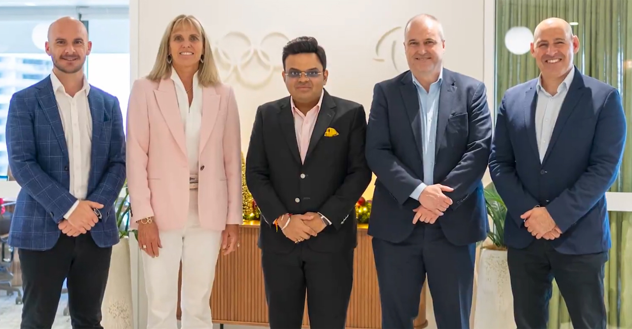 jay-shah-brisbane-olympics ICC Chairman Jay Shah (centre) with top officials of the 2032 Brisbane Olympics organising committee. Photo: X/@JayShah