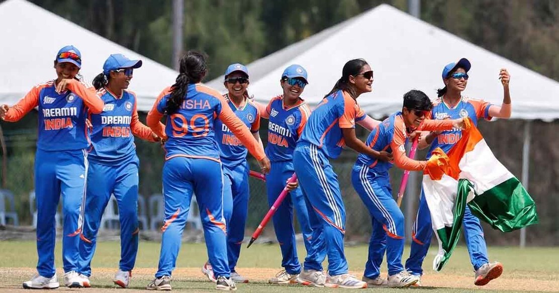India team celebrates their team’s win over Bangladesh in the final of the Women’s U-19 Asia Cup in Kuala Lumpur on Sunday. Photo: BCCI