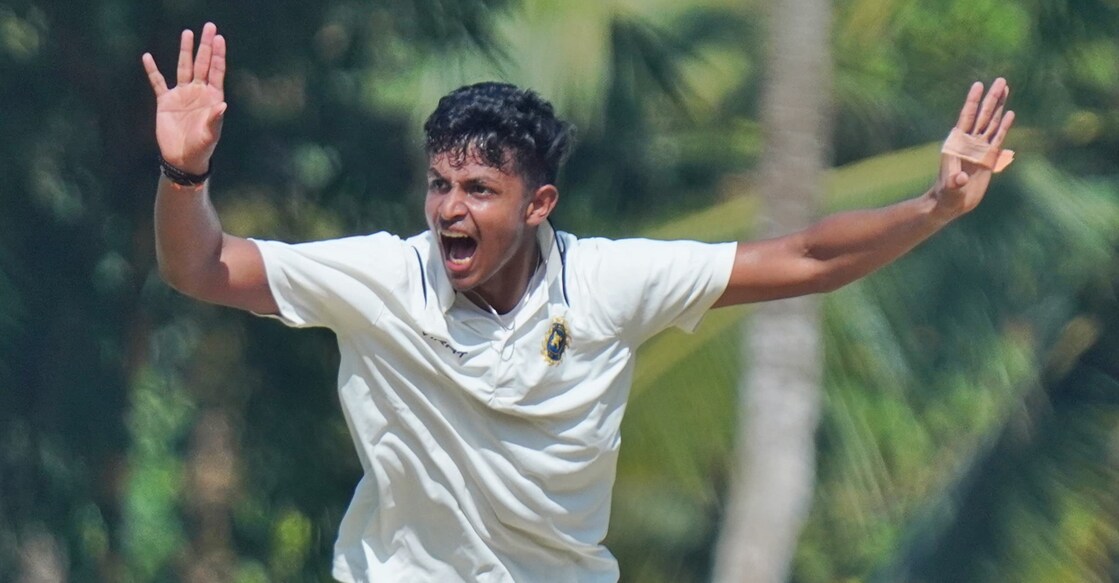 Kerala's Abhiram S appeals for a wicket against Jharkhand in a Cooch Behar Trophy match in Thiruvananthapuram on Friday. Photo: KCA