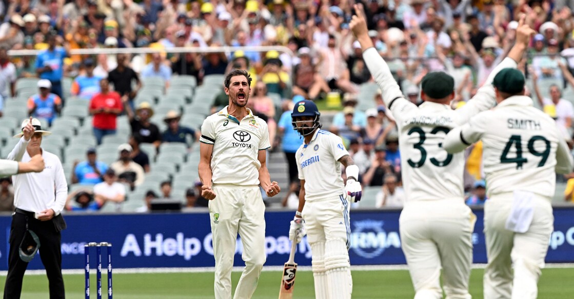 Australian bowler Mitchell Starc (centre) celebrates dismissing India's Yashasvi Jaiswal on the first day of the second Test at the Adelaide Oval in Adelaide on December 6, 2024. Photo: AFP/ William West