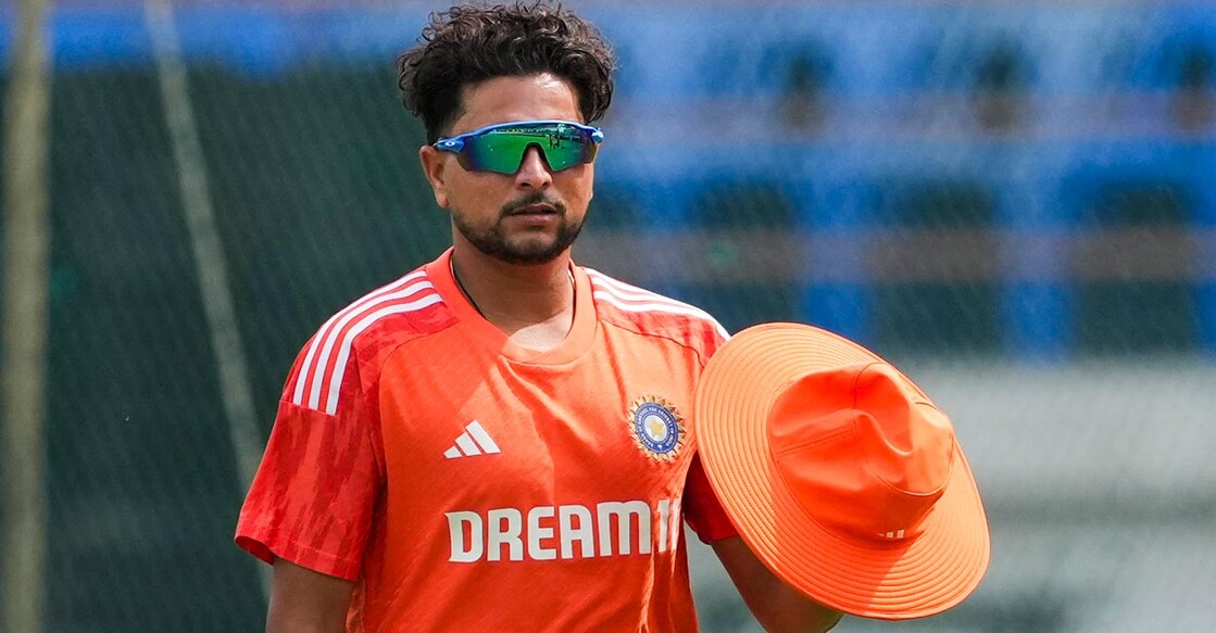 Kuldeep Yadav during a practice session in Rajkot on Tuesday. Photo: PTI/Kunal Patil