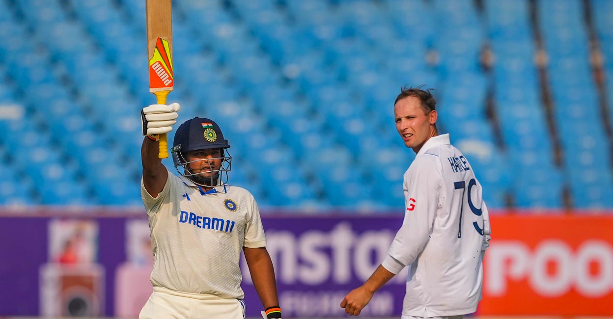 PTI02_15_2024_000229B Sarfaraz Khan celebrates his fifty on debut. Photo: PTI/Kunal Patil