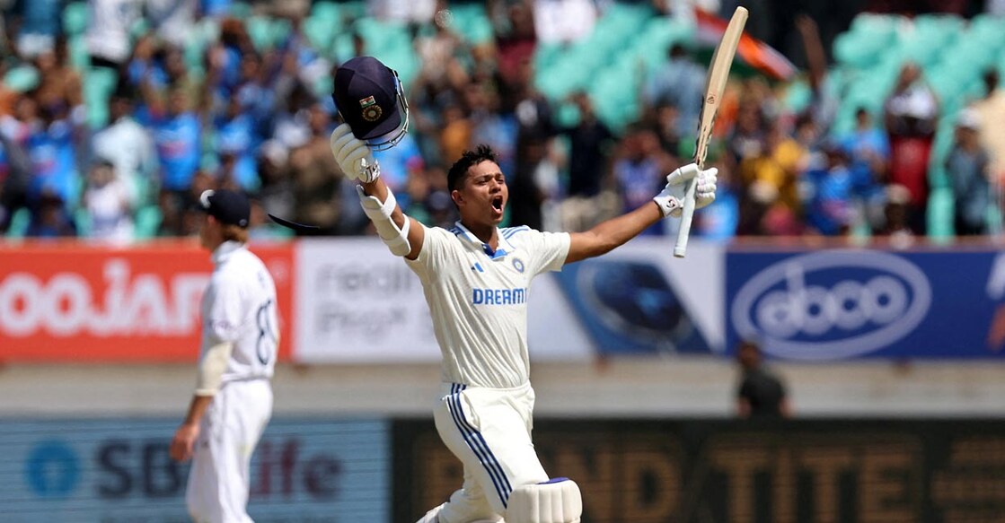 Yashasvi Jaiswal celebrates after celebrates his double century. File photo: Reuters/Amit Dave