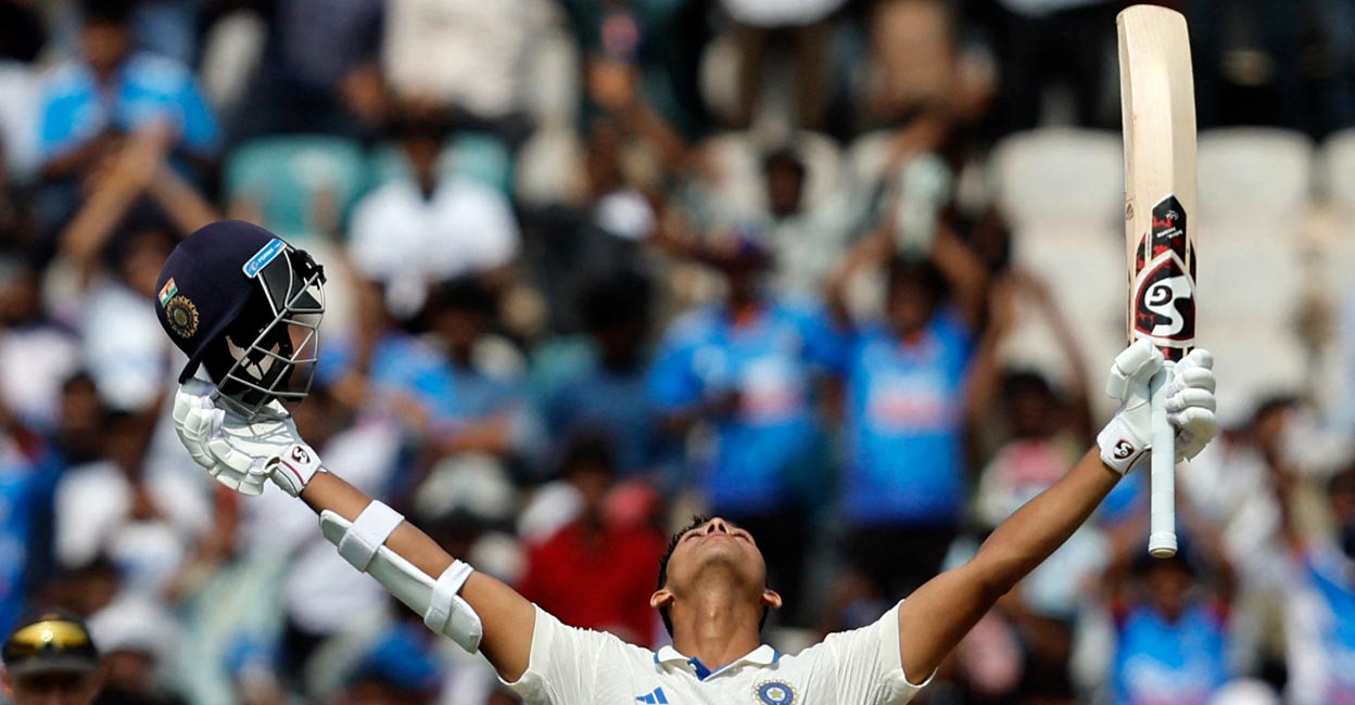 Yashasvi Jaiswal celebrates his hundred. Photo: Reuters/Francis Mascarenhas