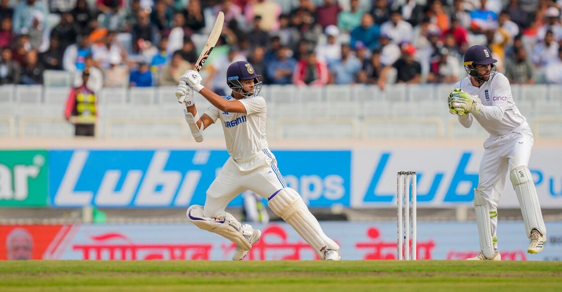 Yashasvi Jaiswal plays one on the off side. Photo: PTI/Vijay Verma