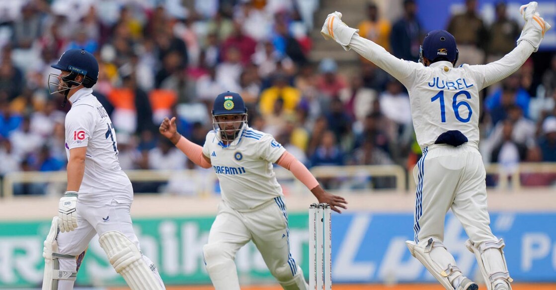 Sarfaraz Khan and Dhruv Jurel celebrate the wicket of England opener Ben Duckett. Photo: PTI/Vijay Verma