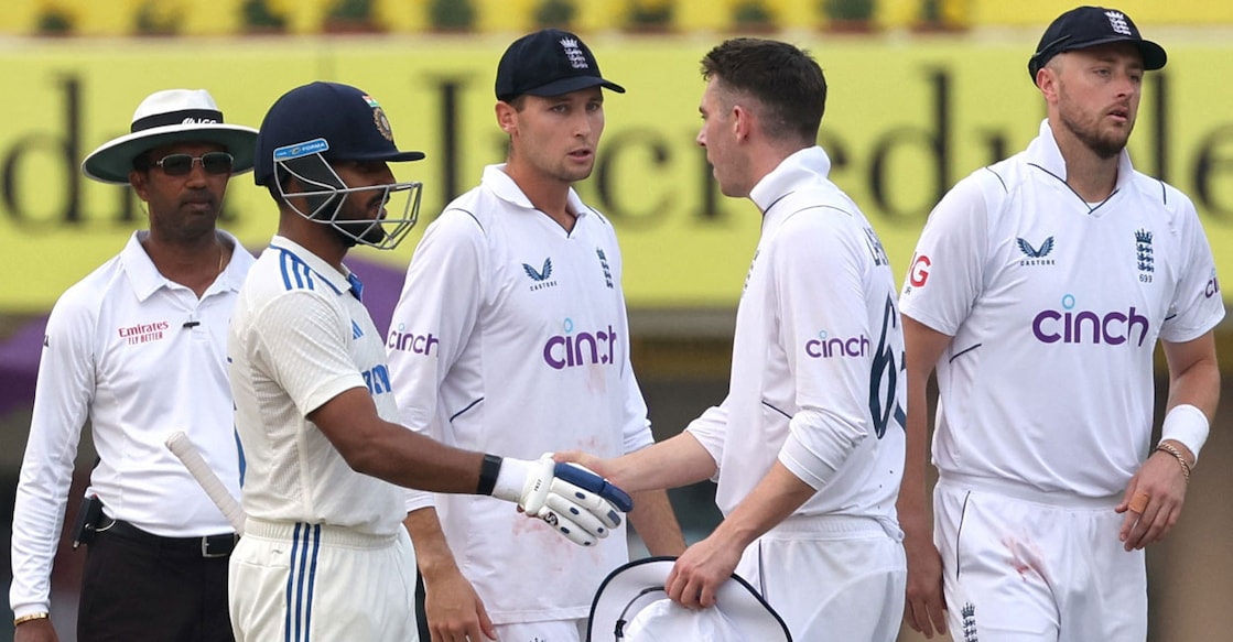 India's Dhruv Jurel shakes hands with England players after the end of match. Photo: Reuters/Amit Dave 