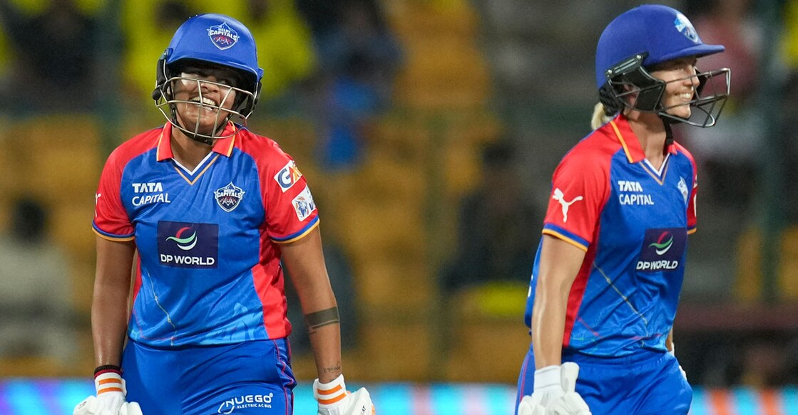 Delhi Capitals' Shafali Verma and Meg Lanning during the Women's Premier League (WPL) match against UP Warriorz at M Chinnaswamy Stadium in Bengaluru on Monday. Photo: PTI