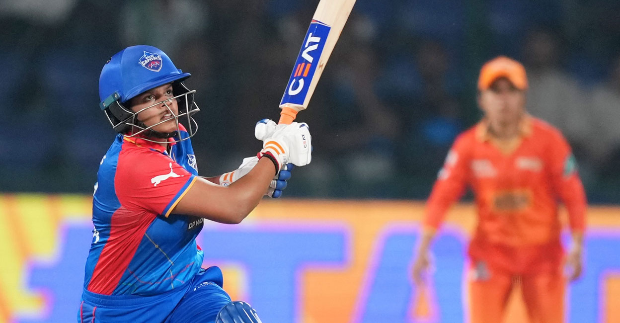 PTI03_13_2024_000338A Delhi Capitals' batter Shafali Verma plays a shot during the Women's Premier League (WPL) match against Gujarat Giants in New Delhi on Wednesday. Photo: PTI
