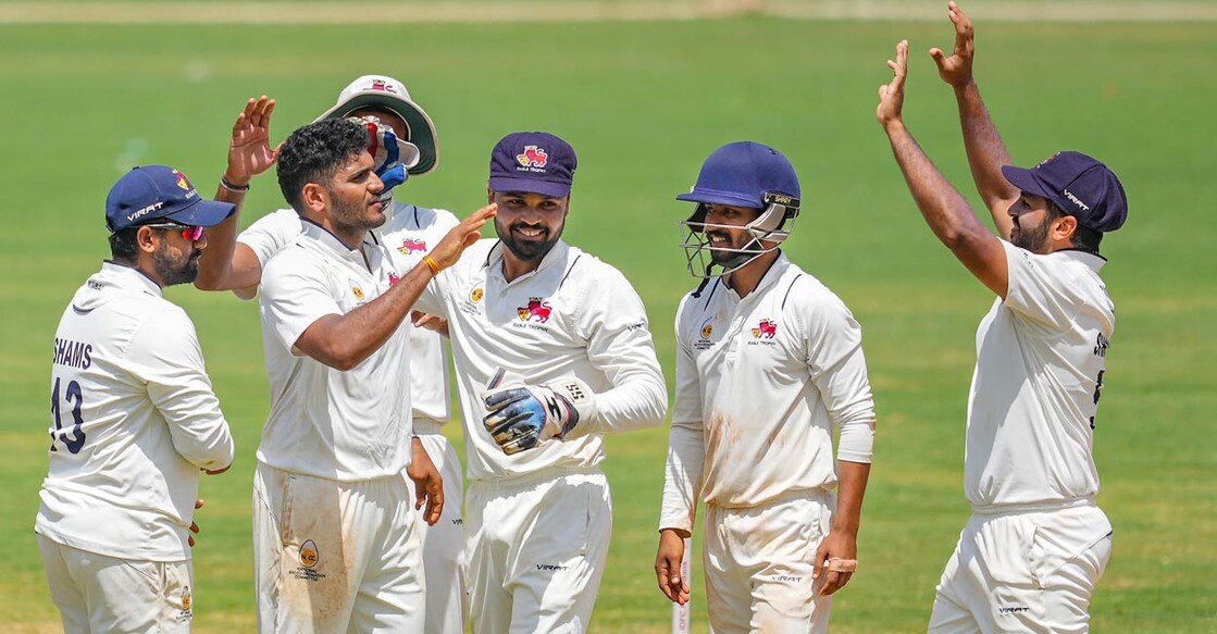 Mumbai players celebrates a Vidarbha wicket on the final day. Photo: PTI/Shashank Parade