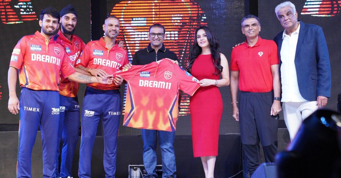 Punjab Kings co-owner Preity G Zinta and team captain Shikhar Dhawan unveiled the new design. Photo: Special Arrangement 
