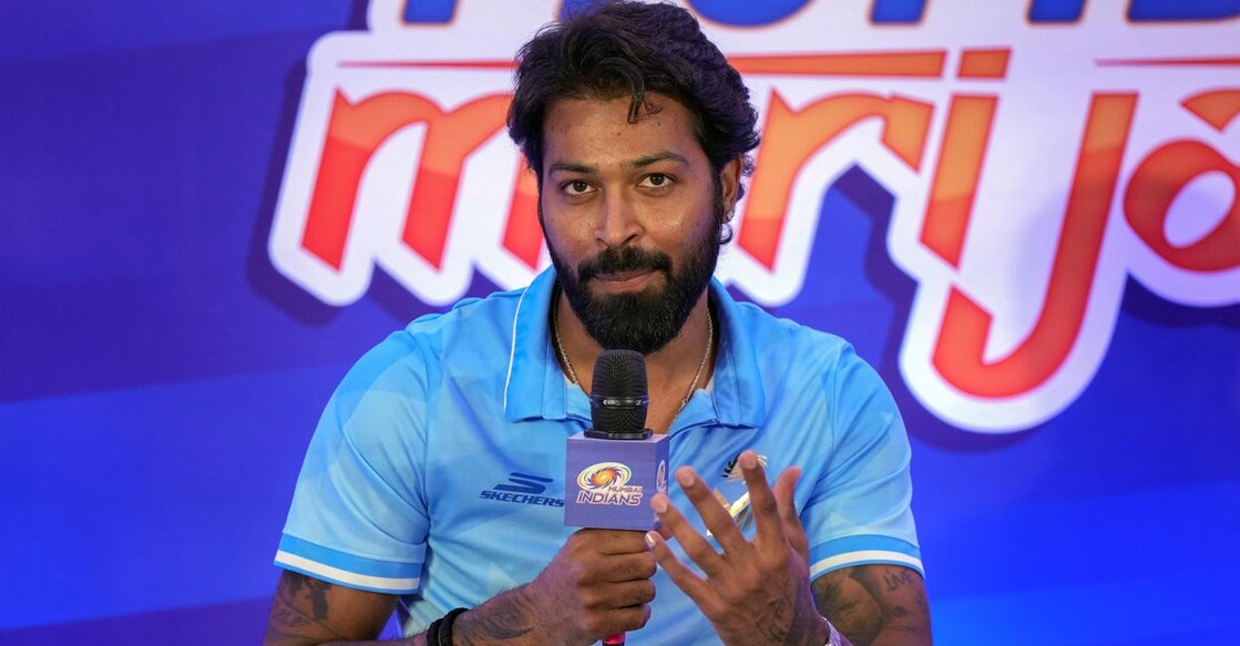 Mumbai Indians captain Hardik Pandya at a press conference in Mumbai on Monday. Photo: PTI/Shashank Parade