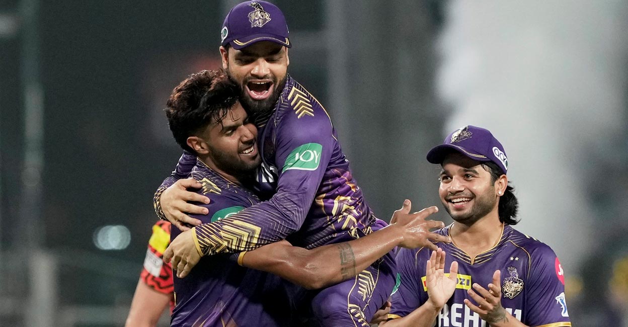 Rinku Singh jumps on to Harshit Rana at the end of the game. Photo: PTI/Swapan Mahapatra