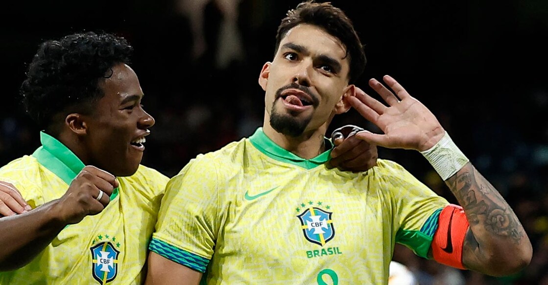Brazil's Lucas Paqueta, right, celebrates with Endrick after scoring their thid 
 goal. Photo: Reuters/Juan Medina
