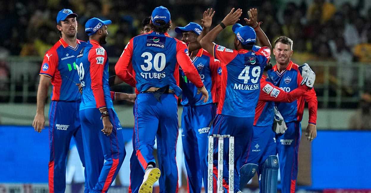 Delhi Capitals players celebrate a wicket. Photo: PTI/R Senthil Kumar
