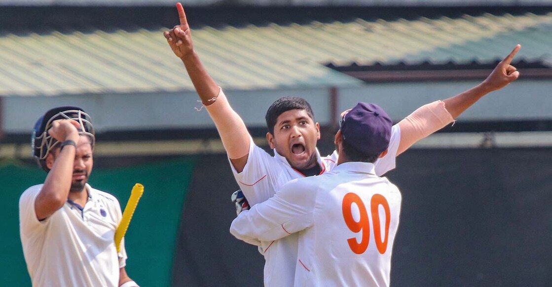 Nagpur: Vidarbha's bowler Yash Thakur celebrates the wicket of Madhya Pradesh's batter Kulwant Khejroliya during the Ranji Trophy semi-final cricket match between Vidarbha and Madhya Pradesh, in Nagpur, Wednesday, March 6, 2024. (PTI Photo)(PTI03_06_2024_000080B)