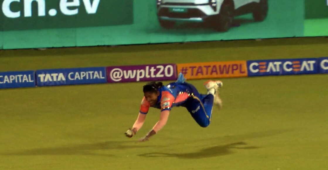 Sajana Sajeevan dives to take a catch to dismiss Sophie Ecclestone. Photo: Screengrab